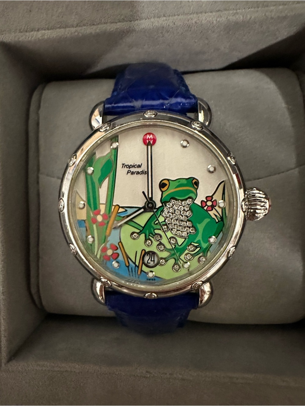 Michele Tropical Paradise Diamond Dial Watch with Blue Strap and Green Motif